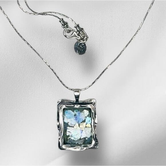 Or Paz Israel Sterling 925 Silver Roman Glass Rectangle Pendant 18” Chain - Picture 1 of 10